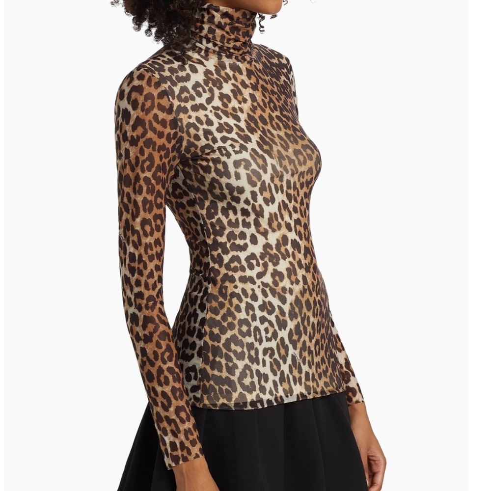 Ganni Leopard Print Mesh Mock Neck Long Sleeve‎ Top Size 38 or Size 6 US - Picture 9 of 13